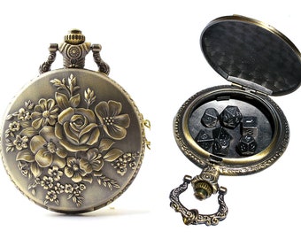 Antique Bronze Rose Flower Cover Small Pocket Watch Case with min set dice 5mm