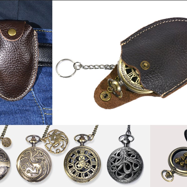 Leather case with 7 metal dnd 5mm dice set and pocket watch case