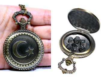 Moon Star Pocket Watch Shell With 7 pcs mins dice metal dice set for dnd Party