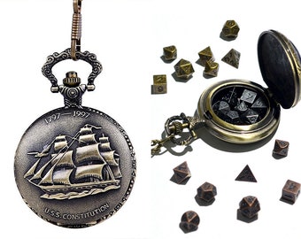 Sailing boat Pocket watch case with dnd metal dice 5mm dnd dice