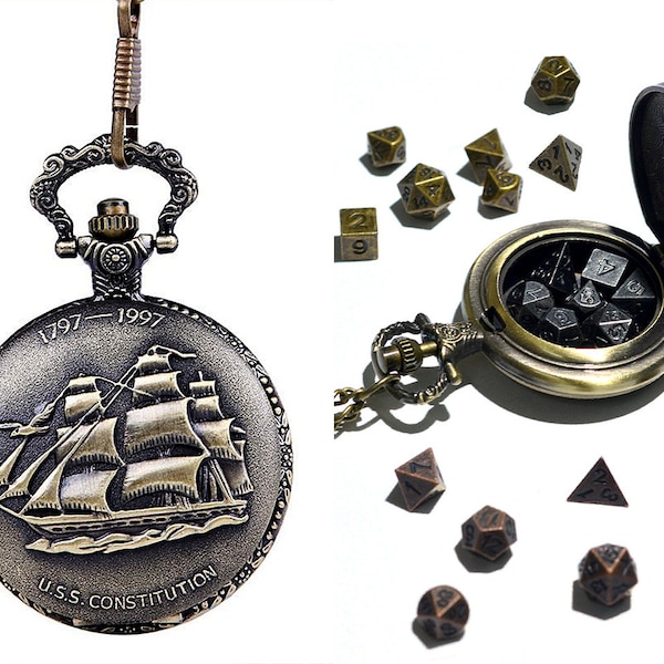 Sailing boat Pocket watch case with dnd metal dice 5mm dnd dice