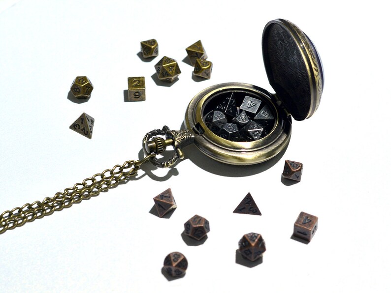 Roman Style Pocket watch Shell with metal dice for dnd patry with 45cm chain 5mm dice image 4