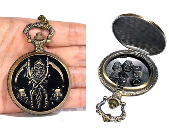 Skull Grim Reaper Pocket Watch Shell with 7-die Metal Micro Polyhedral Dice Set - DnD Dice D&D Dice Set
