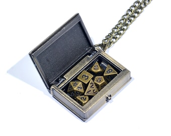 Steampunk Miniature Locket Style Book Pendant  Dice Case Chain With 7 pcs Mini Metal Dice For Dnd Patry Brass Dice