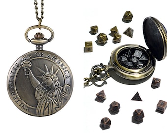 Statue of Liberty Pocket Watch Shell with 7-die Metal Micro Polyhedral Dice Set - DnD Dice D&D Dice Set