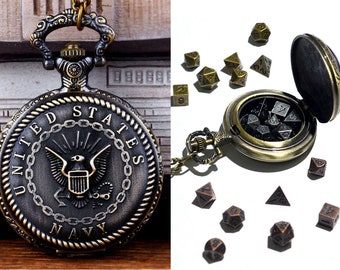 USA NAVY Pocket Watch Shell with 7-die Metal Micro Polyhedral Dice Set  metal dice set with 18 inch case