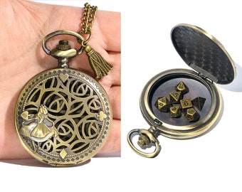 Pocket watch girl case with metal brass 5mm dnd dice 7pcs