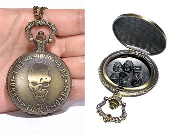 Golden Skull Pocket Watch Shell with 7-die Metal Micro Polyhedral Dice Set - DnD Dice D&D Dice Set