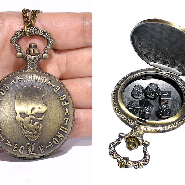 Golden Skull Pocket Watch Shell with 7-die Metal Micro Polyhedral Dice Set - DnD Dice D&D Dice Set