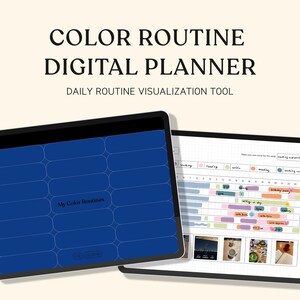 May include: A digital planner app on a computer screen. The app is called "Color Routine" and is a daily routine visualization tool. The app has a blue background with white boxes. The text "My Color Routine" is in the center of the screen.