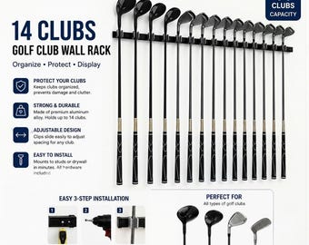 JINTECH3D - Golf club wall rack. Golf club wall display. Holds 14 clubs on 24" Aluminum rack [ US Free shipping ]