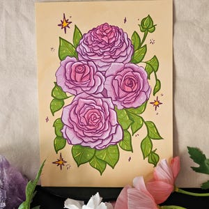 Floral Kunstdruck: Rosa Rosen, Botanisches Wand Dekor (13x18cm)