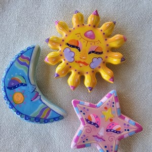 Sun, Moon & Star Clay Fridge Magnets: Celestial Decor
