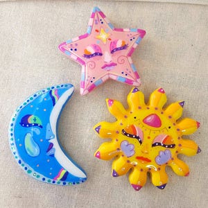 Sun, Moon & Star Clay Fridge Magnets: Celestial Decor