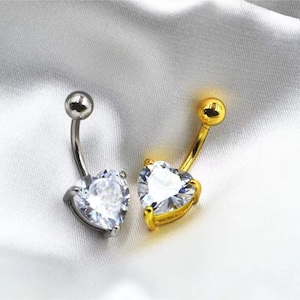 14G 316L Steel Heart Belly Button Ring/ CZ Belly Ring/ Navel Jewelry/ Silver Navel Ring/ Belly Piercing/ Steel Belly Jewelry/ 10MM Belly Bar