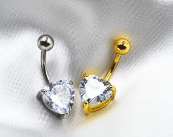 14G 316L Steel Heart Belly Button Ring/ CZ Belly Ring/ Navel Jewelry/ Silver Navel Ring/ Belly Piercing/ Steel Belly Jewelry/ 10MM Belly Bar