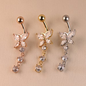 14G 316L Steel CZ Butterfly Belly Button Ring Belly Piercing 10mm Navel Ring Silver Belly Bar Belly Piercing Dangle Belly Button Ring image 2