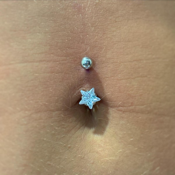14G Sterling Silver Star CZ Belly Button Ring| Waterproof Belly Bar| Never Getting Green Belly Ring| Fresh piercing navel jewelry 1.6*8/10mm