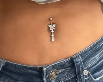 14G 316L Steel CZ Butterfly Belly Button Ring| Belly Piercing 10mm| Navel Ring Silver| Belly Bar| Belly Piercing| Dangle Belly Button Ring