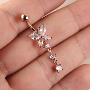 14G 316L Steel CZ Butterfly Belly Button Ring Belly Piercing 10mm Navel Ring Silver Belly Bar Belly Piercing Dangle Belly Button Ring image 3