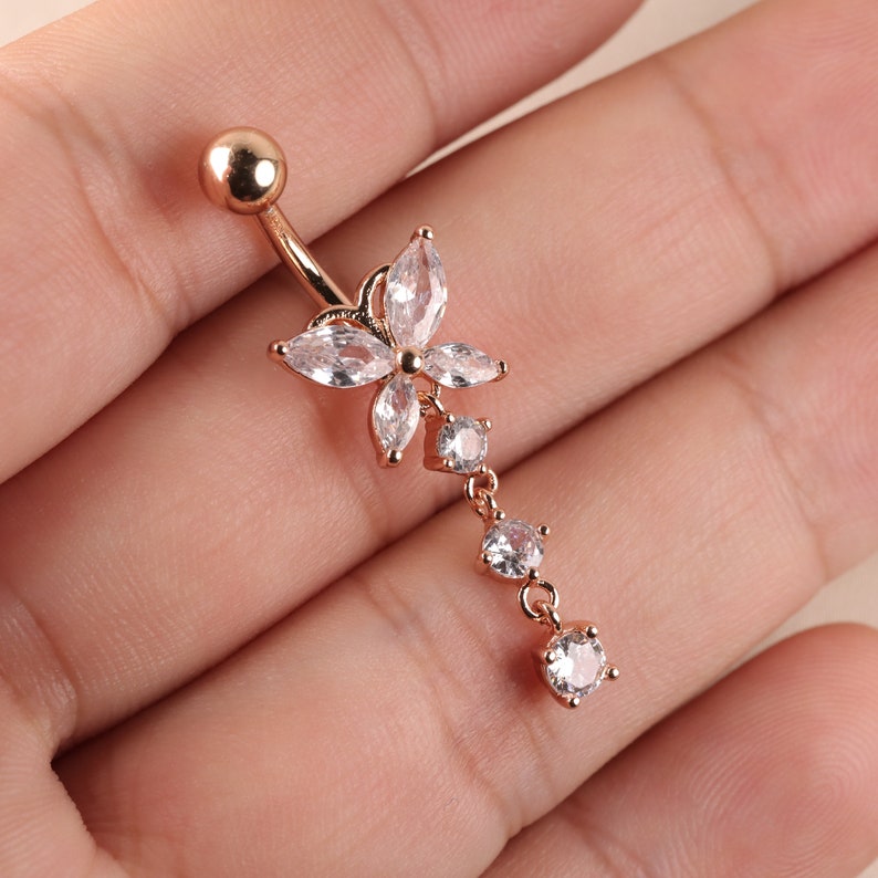 14G 316L Steel CZ Butterfly Belly Button Ring Belly Piercing 10mm Navel Ring Silver Belly Bar Belly Piercing Dangle Belly Button Ring image 3
