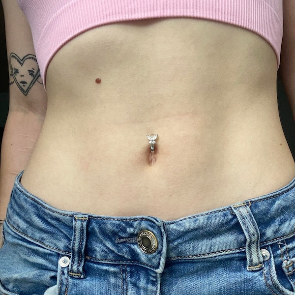14G S925 Sterling Silver Butterfly Belly Button Clicker| Hinged Curved Belly Bar| Belly Hoop| Navel Ring| Belly Huggie| Belly Clip Ring