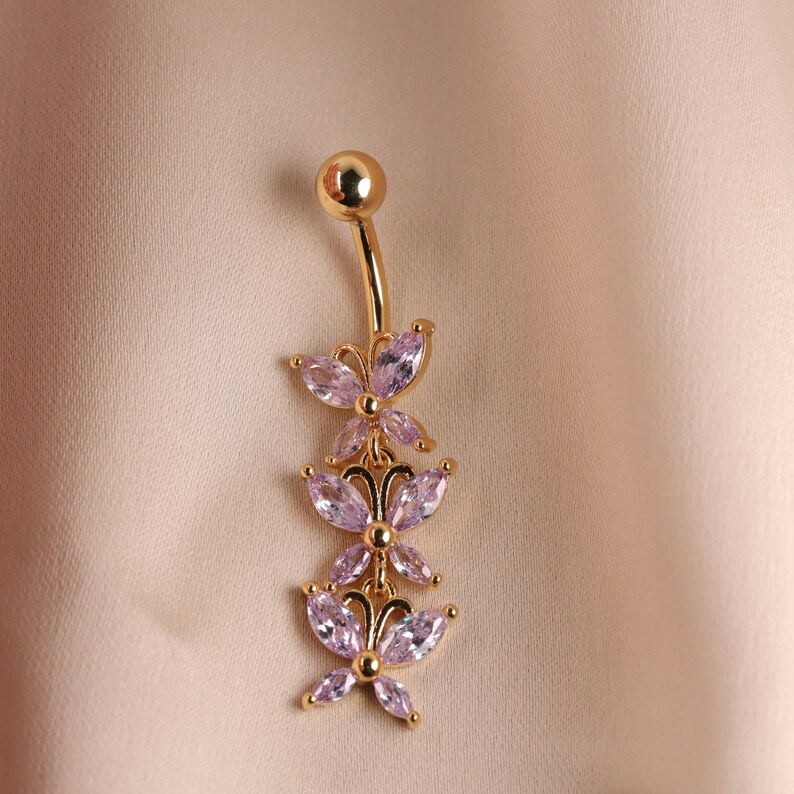 14G CZ Butterfly Belly Button Ring Dangle Belly Ring Crystal Etsy