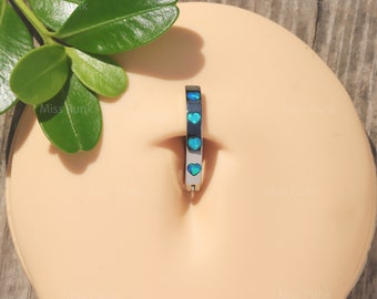 14G Implant Grade Titanium Belly Button Ring| Blue Opal Belly Clicker| Hinged Belly Rings| Curved Belly Barbell| Navel Piercing Bar Jewelry