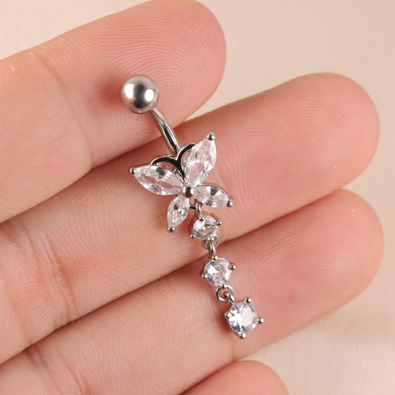 14G 316L Steel CZ Butterfly Belly Button Ring Belly Piercing 10mm Navel Ring Silver Belly Bar Belly Piercing Dangle Belly Button Ring image 4