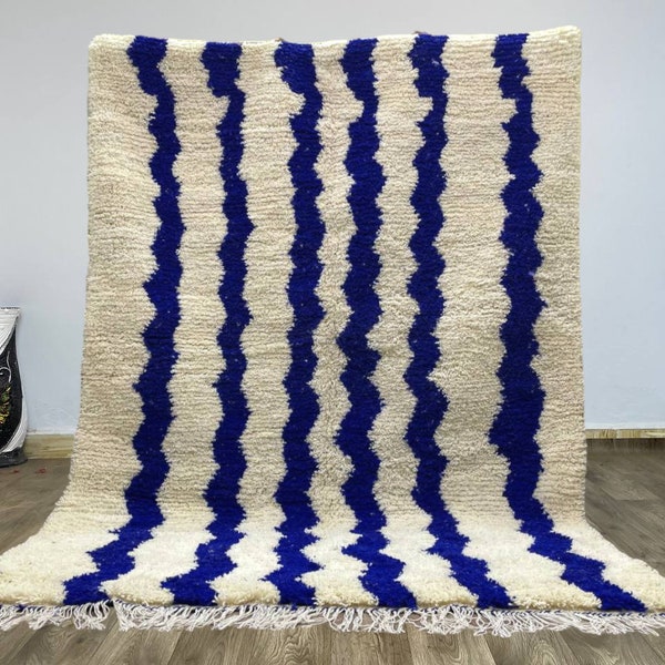 TUFTED BENIOURAIN RUG, Custom Rugs, Rugs for bedroom, Moroccan Rug, Blue and White Rug, Striped Rug, Wool Morrocan Rug, Handwoven Area Rugs