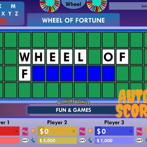 May include: A digital Wheel of Fortune game interface featuring a green puzzle board with the text WHEEL OF F, a letter bank, and an automated scoreboard displaying four players with round and total scores in red, yellow, blue, and green boxes.