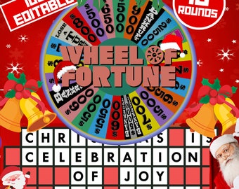 May include: A digital Wheel of Fortune game graphic featuring a colorful prize wheel with dollar amounts, Bankrupt, and Lose a Turn spaces. The text reads 100% Editable, 15 Rounds, and Christmas Is Celebration Of Joy And Gifts, with Santa Claus illustrations.