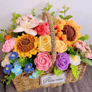 Crochet Flower Bouquet Patterns PDF: Large and Small Sunflowers, Buds, Daisies, Love Heart, Forget-Me-Not, and Eucalyptus Leaves