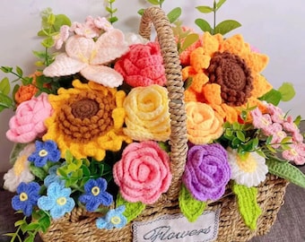 Crochet Flower Bouquet Pattern: Sunflower, Daisy, Heart, Eucalyptus (PDF)