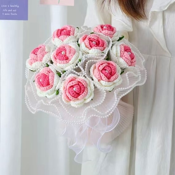 Crochet Pink Rose Bouquet: Handmade Knitted Flower Arrangement - Etsy