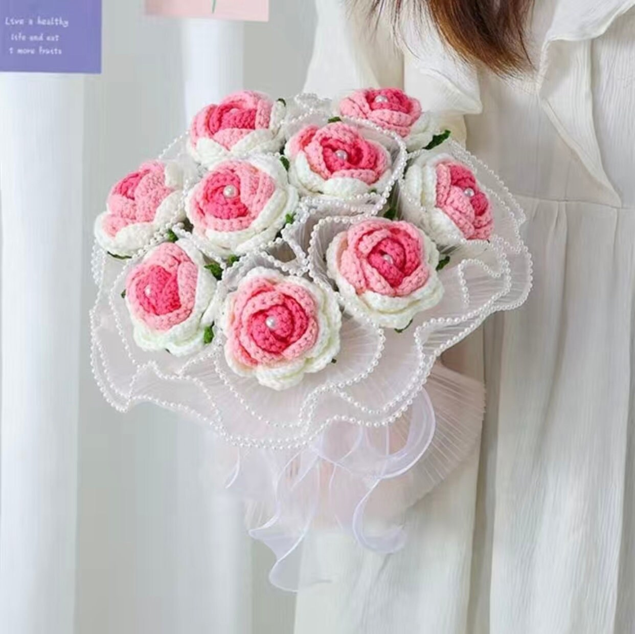 Crochet Bouquets Knitted Flower Personalized Gifts for Lovers, Home and Wedding Decoration, Hand Made Forever Flower Exquisite Handwork Pink