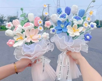 Crochet Rose Bouquets Knitted Tulip Flower Personalized Gift for Lovers Mother&#39;s Day gift Home Wedding Decoration Hand Made Forever Flower Y