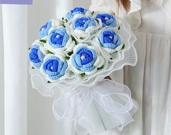 Hand-Crocheted Blue Rose Bouquet: Eternal Flower Gift