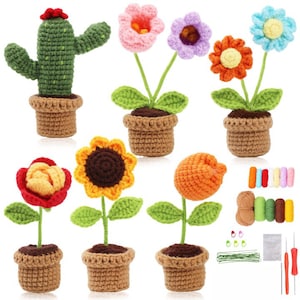 以下が含まれることがあります： 鉢植えの編みぐるみ花とサボテンのセット。セットには、ひまわり、赤いバラ、オレンジの花、紫の花、ピンクの花、青い花、緑のサボテンが含まれています。花とサボテンはすべて編みぐるみで、リアルな外観をしています。鉢も編みぐるみで、茶色です。