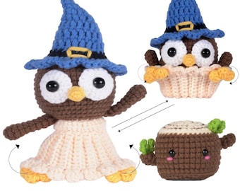 Reversible Halloween Amigurumi Crochet Patterns: Reversible Owl in Witch Hat to Cupcake, Plus Cute Stump (PDF Download) Reversible Crochet
