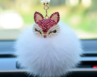 Dazzling Rhinestone Car Rearview Mirror Pendant with Adorable Fox Plush Fur Tail - Unique Handmade Gift and Fashionable Car Interior Décor