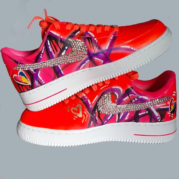 Custom Airbrush Painted Nike Air Force 1 / AF1 / GRAFFITI / Custom Kicks / NEON / Lucid Soles / Rhinestones / Pink / Teen / Gift / Name