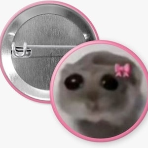 May include: A pink button with a blurry image of a gray cat with a pink bow on its head. The cat has large, dark eyes and a sad expression.