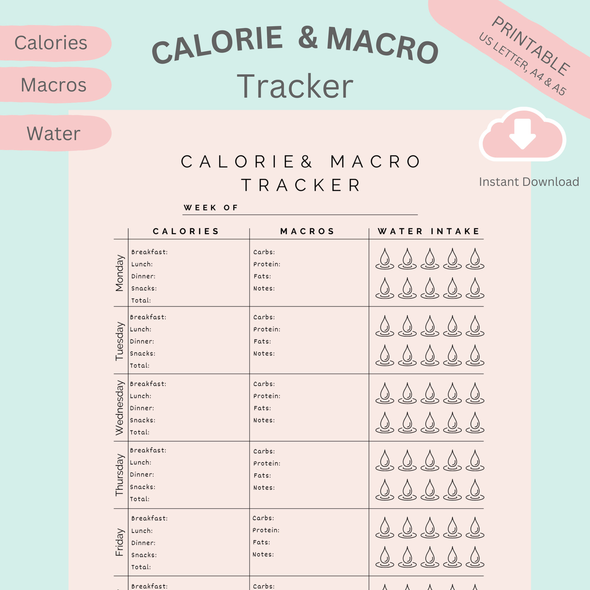 Calorie & Macro Tracker Weekly Log for Calories, Carbs, Proteins, Fats and Water