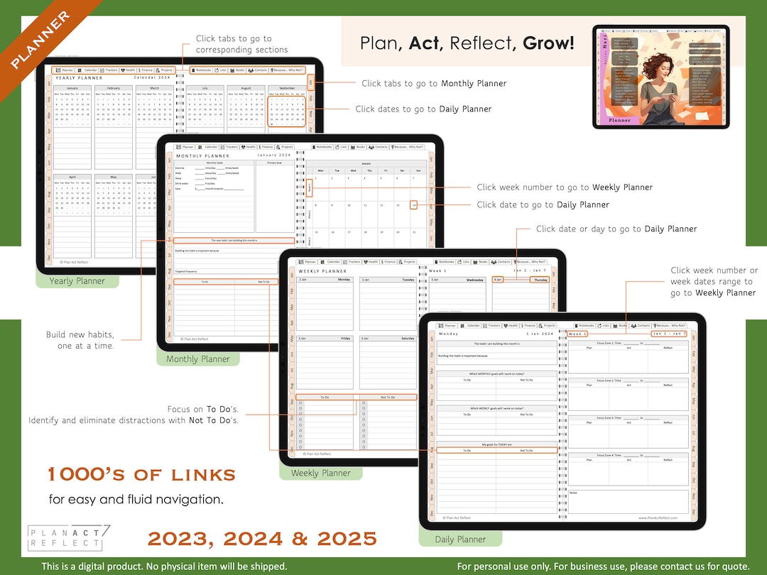 Digital Planner 2023, 2024, 2025 Dated Planner Ipad, Goodnotes, Notability, Daily Planner, Full