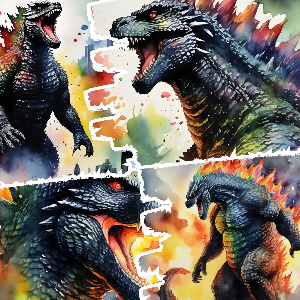 Watercolor Godzilla Kaiju Artwork PRINTABLE Artwork Set of 4 DIGITAL