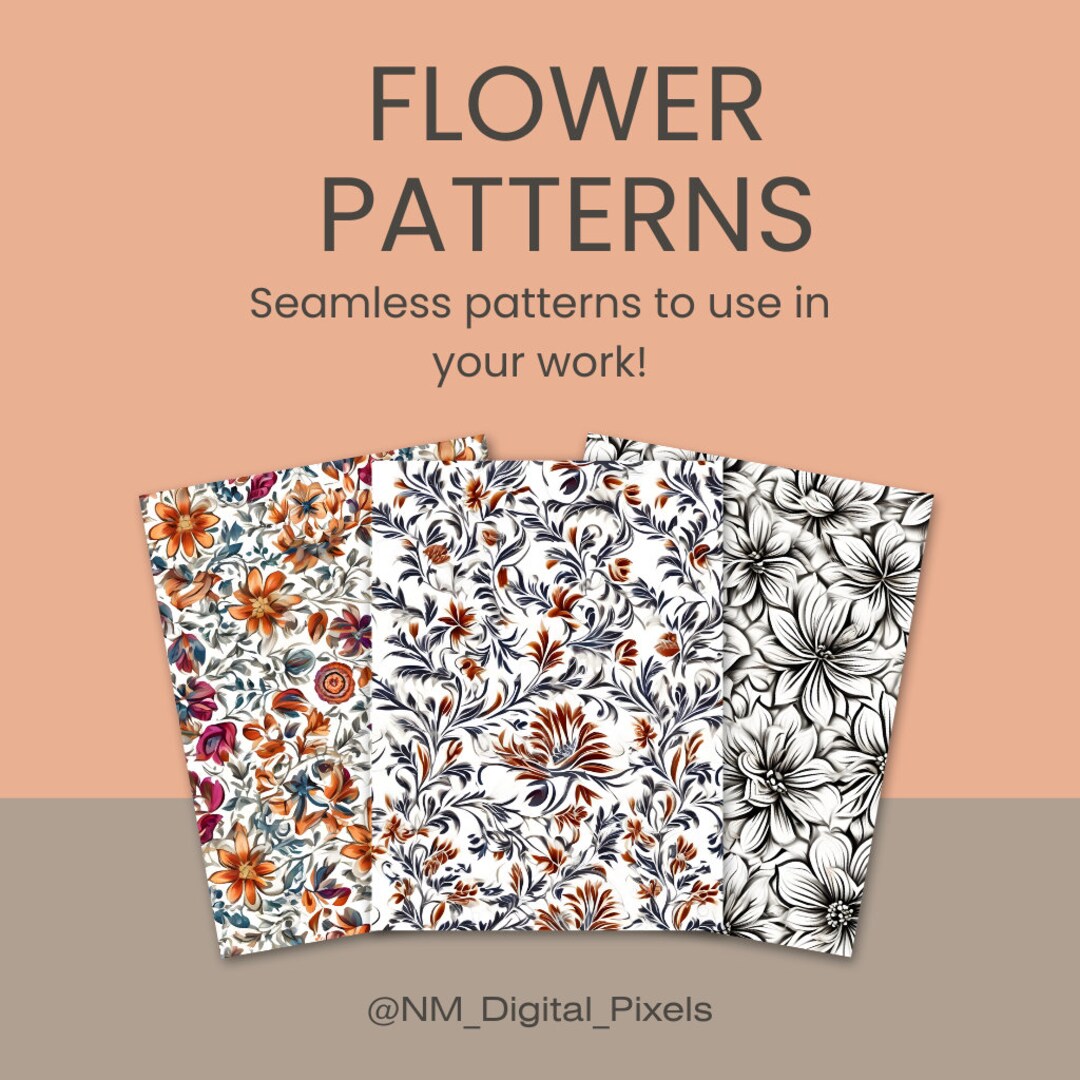 SEAMLESS Flower Pattern Designs Set of 5 DOWNLOADABLE Patterns for Gift ...