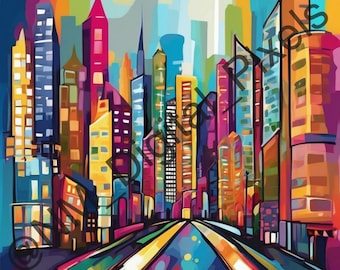 Impressions numériques colorées de paysage urbain abstrait - Lot de 4 (4000 x 4000 PNG)