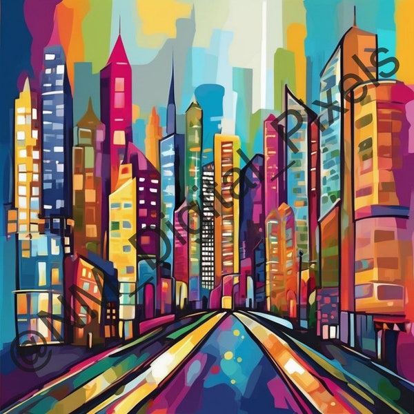 Colorful Abstract Cityscape Digital Prints - Set of 4 (4000x4000 PNG)