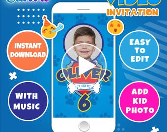 Rescue Dogs Birthday Video Invitation: Editable Canva Template (Digital Download)